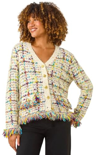 Roman Originals Textured Fringe Knit Cardigan for Women UK - Ladies Everyday Autumn Winter V-Neckline Comfy Soft Evening Vacation Work Party Night Out - Ivory - Size 14
