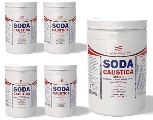 Lot de 5 bocaux de 1 kg de soda caustique en bocaux avec languette à sceller, détartrant, dépoussiérant, dégorgeant pour drains et cuvette