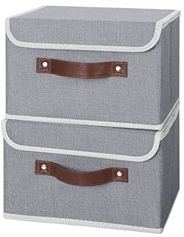 Bekrvio Set of 2 Foldable Storage Boxes with Lids, Fabric Cubes with Label Holders, Storage Bins Organiser (Grey)
