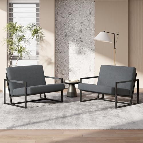 Hawthyhome 2er-Set Sessel Schafwolle Loungesessel aus Kunstleder Extragroß Gepolsterter Sessel mit Armlehnen Loungesessel mit Vollmetallrahmen Wohnzimmer/Schlafzimmer Grau