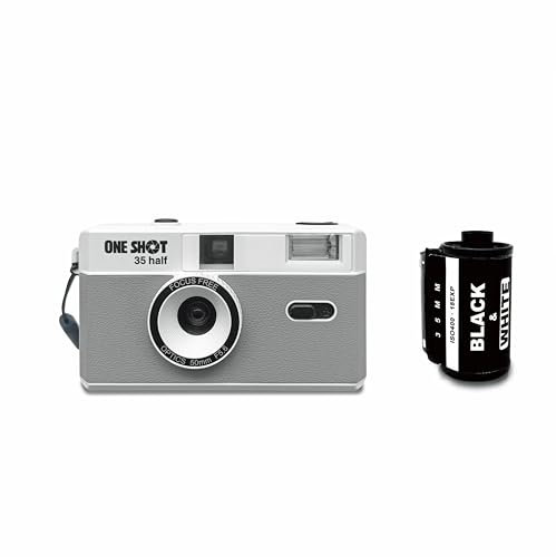 1 Shot Point and Shoot 35mm Film Camera, Reusable Retro Half Frame Camera, Built in Flash, Included One Roll ASA/ISO 400 Black & White Film 18 Exp.(36 Shots) Battery Not Included (Grey Color)