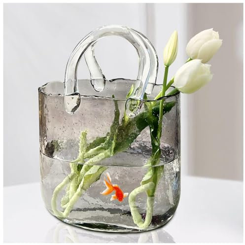 Tasche Glasvasen, Tragetaschen Vasen Design Blumenvasen Glas Dekorative Vase Glas Handtasche, FüR Heimdekoration,Style1-Gray