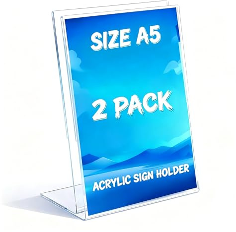 Toowood A5 Acrylic Sign Holder, 2Pack L-Shaped Clear Slant Display Stand, Menu Holder, Posters, Brochures, Flyers, Signs, Ideal for Restaurants, Bars, Offices & Stores