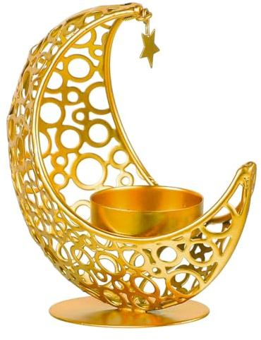 Ramadan Deko Eid Mubarak Deko Teelichthalter,Gold Mondform Kerzenständer,Wohnzimmer Kerzenhalter Dekoration Teelichthalter,Metall Hohlmond Kerzenständer Tischdeko,für Ramadan Weihnachten Grillparty