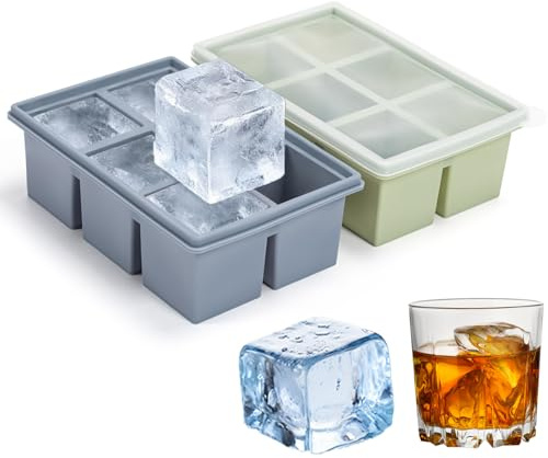 2 Piezas Cubiteras para Hielo Grande con Tapa, Cubitera de Silicona Reutilizable, Moldes para 6 Cubitos de 5 × 5 × 5 cm, Fácil Desmoldeo para Whisky, Cócteles, Café Helado y Bebidas Frías