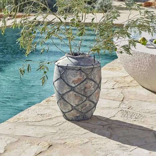 Loberon Vase Deloriva - Handbemalt - Mediterrane Farbnuancen - Ideal für Olivenzweige & Eukalyptus - Gartendekoration - Outdoor - Steinzeug, antikgrau/antikbraun