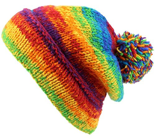 LOUDelephant Strickmütze aus grober Wolle mit Bommel, regenbogenfarben, One size