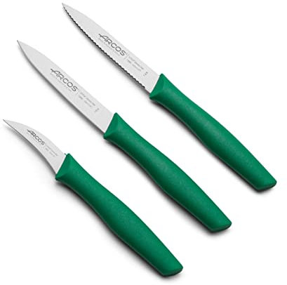Arcos Set 3 Cuchillos Peladores. 3 Cuchillos Peladores Acero Inoxidable y Mango Ergonómico Polipropileno para Cortar Frutas, Verduras y Tubérculos. Serie Nova. Color Verde.