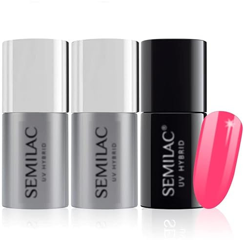 Semilac Base Coat, Top Coat & UV Gel Colour Polish. Long Lasting, Chip Resistant & Easy To Apply. 042 Neon Raspberry Colour UV Gel Nail Varnish. Perfect For Manicure or Pedicure.