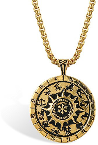 JewelryWe Schmuck Herren Halskette, Edelstahl Retro Klasische Tierkreis Sternzeichen Kompass Anhänger mit 56cm Kette, Gold