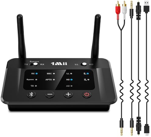 1Mii B03 Trasmettitore Bluetooth 5.3 per TV, Ricevitore Bluetooth per HiFi | Supporto aptX Bassa Latenza/Adaptive/HD, Due Link per 2 Cuffie/Auricolari Bluetooth, Lungo Raggio, 3.5mm AUX/Ottico