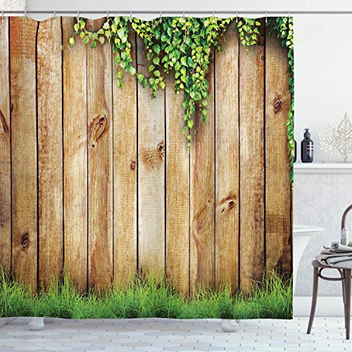 ABAKUHAUS Rustikal Duschvorhang, Holzgartenzaun, Stoffliches Gewebe Badezimmerdekorationsset mit Haken, 175 x 240 cm, Grün Braun
