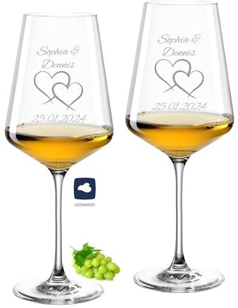 laser-diele Leonardo Weingläser mit Gravur - Zwei Herzen - Personalisiert mit Namen und Datum - Hochzeitsgeschenk für das Brautpaar - 560ml Puccini