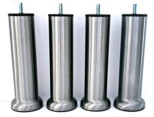 MEGALUXFRANCE 4 Pieds de Lit, Sommier Tapissier en Acier Finition INOX Brossé 20 cm avec Socle, Vis Fileté M8