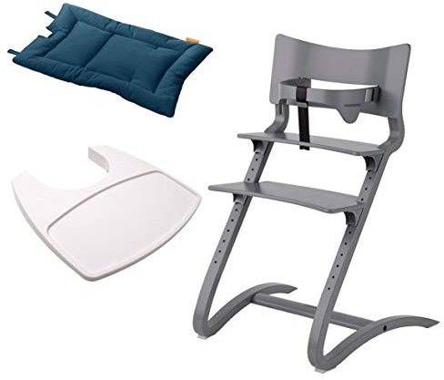 Leander Stuhl grau lackiert - Hochstuhl - Kinderstuhl - Erwachsenenstuhl mit Babybügel + Tablett weiß + Kissen dark blue