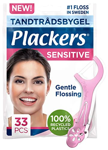 Plackers Sensitive, extra weiche und dünne Zahnseide, angepasst an empfindliches Zahnfleisch, recyceltem Kunststoff, 33 Stück