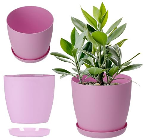 KADAX Blumentopf, Pflanzkübel mit Untersetzer, runder Blumenkübel aus Kunststoff, Matte Topf für Kakteen, Farne, glänzender Übertopf für Balkon, Wohnung und Terrasse (⌀ 14cm, Rosa)