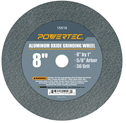 POWERTEC Bench Grinder Wheel 8 Inch 36 Grit, Aluminum Oxide Grinding Wheel for Bench Pedestal Grinder, 1 Thick 5/8 Arbor, Sharpening & Shaping Drill Bits, Blade, and Chisel 1PK (15516)