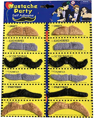 Hatstar 12-teiliges Set falscher Schnurr-Bart Klebebärte zum Ankleben | in Gold, grau & schwarz | für Erwachsene & Kinder | Kostüm Accessoire für Karneval & Fasching
