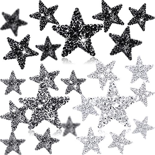 Syhood 24 Pieces Star Patches Iron on Rhinestone Adhesive Sequin Glitter Star Patches Appliques for Clothing Jeans Repair Decoration(1.57 Inch,Black, Silver, Grey)