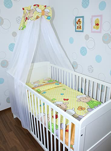 Primawela Baby Bettset Bettwäsche mit Himmel Chiffon - Schaf Gelb- Bettausstattung Set (5 teilig)