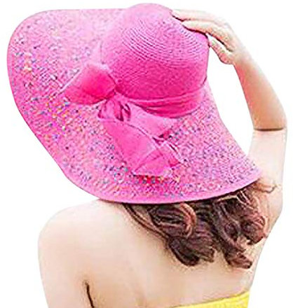 MINGCHE Sonnenhut Strandhut Mütze Sandy Beach Sonnenhüte Strohhut,Frauen Bunte große Krempe Stroh Bogen Hut Sonne Floppy Wide Brim Hats Beach Cap, Hot Pink, Einheitsgröße