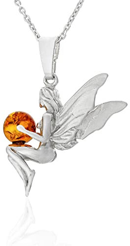 AMBEDORA, Damen Halskette aus poliertem Sterling Silber mit Kugel mit Bernstein in der Farbe Cognac. Elfen Anhänger mit Kette