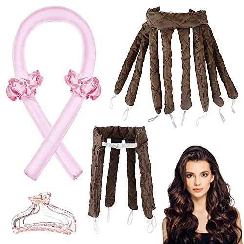 1 Stück Lockenwickler, Lockenband mit 1stk Oktopus-Lockenstab, 1 stk Haarspange und 2 stk Haargummis für Langes Mittleres Haar Diy-Styling(Rosa)