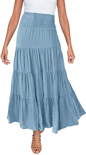 Damen Rock Lang Elastischer Hoher Taille Rock Boho Maxirock Einfarbiger Casual Sommerrock Faltenrock Langes Freizeitrock Elegante Strandrock A-Linie Skirts Sommer Röcke für Damen mit Kordelzug