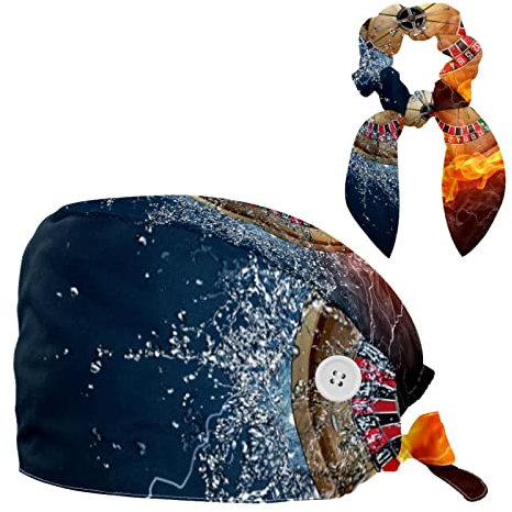 VBFOFBV Arbeitsmütze mit Knöpfen und Bändern für Frauen, verstellbare Unisex-Operationskappen, Scrub Cap,Art Darts Wasserfeuer