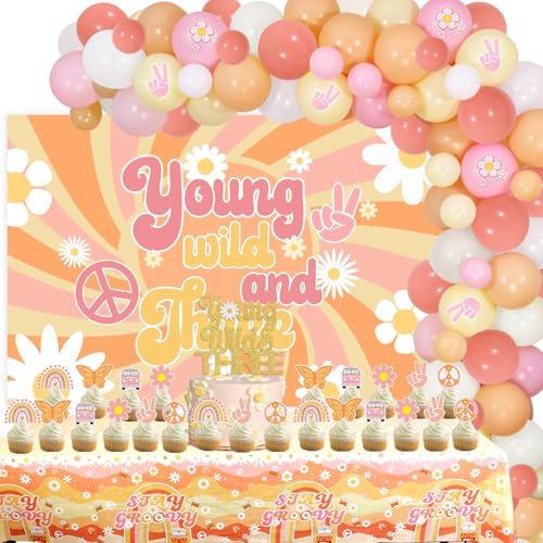Cheereveal Young Wild und drei Dekorationen Mädchen, drei groovige Geburtstagsdekorationen, groovige 3. Geburtstag Dekorationen Ballon Girlande Kit, Hintergrund, Tischdecke für groovy Geburtstagsfeier
