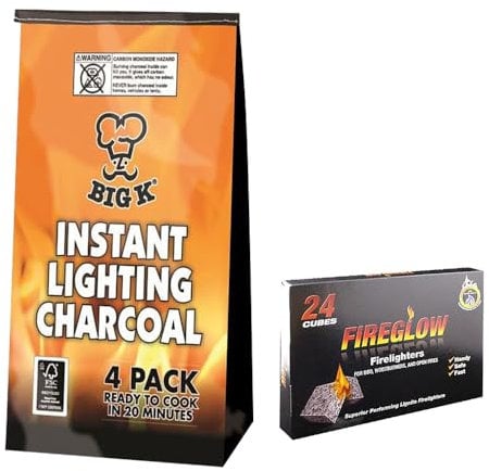 Big K Instant Light Barbecue Charcoal 4KG BBQ Coal Briquettes Charcoal Grill Bags with Fireglow Firelighters 24 Cubes for Outdoor Barbecues, Fire Pit, Camping or Picnics