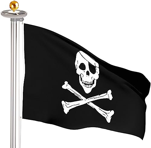 BRUBAKER Aluminium Fahnenmast 4m inkl. Piraten Flagge, Solar Fahnenmastlicht und Kugelspitze Gold - Flaggenmast mit Bodenhülse + Piratenfahne + Solar-Licht - All-in-One Set