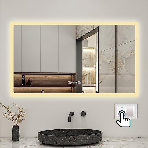 Biubiubath 140x80cm LED Badspiegel mit Uhr,Touch-Schalter,Badspiegel mit Beleuchtung,Beschlagfrei,Badezimmerspiegel mit 3 Lichtfarbe 3000-6000K Dimmbar,IP44