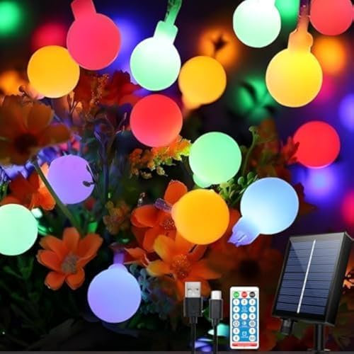 Hopelit Solar Lichterkette Aussen Kugeln 10m 100LEDs, 8 Modi Lichterkette Außen mit Fernbedienung, Timer, Dimmbar Lichterkette Außen Solar Wasserdicht für Weihnachtsbaum, Balkon Deko, Bunt