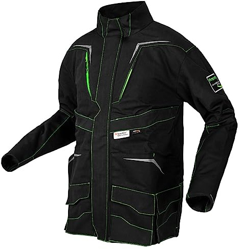 NEO TOOLS Premium PRO Arbeitssweatshirt, 100% Canvas-Baumwolle, Schultern, Rücken, Ärmeln und Taschen mit Cordura NYCO, schwarz mit kontrastierenden neongrünen