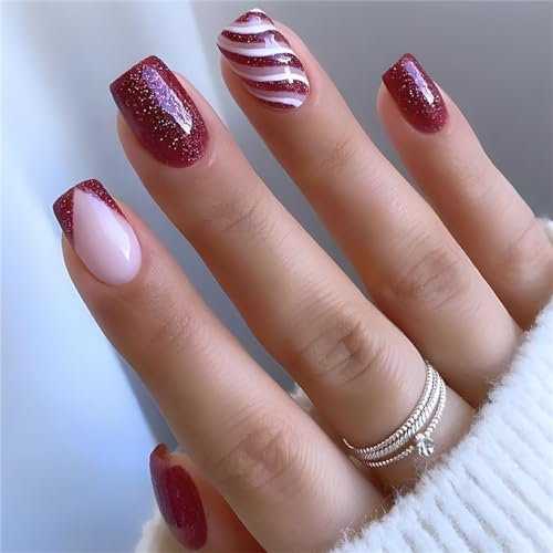 24 Pcs Christmas Press on Nails Short, Red and White Swirl French Fake Nails Patterns, Glitter Red Square French Tip False Nails With Glue - Full Cover Acrylic Stick on Nails for Women and Girls