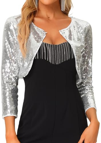 Allegra K Damen Pailletten Jacke Bolero Glitzernde Party Langarm Shrug Cardigan mit Offener Vorderseite Silber L