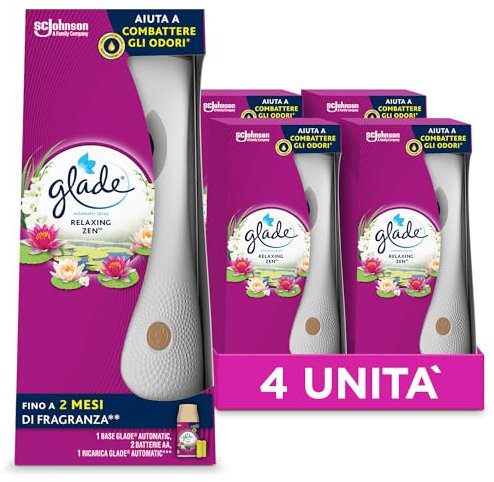 Glade Automatic Spray, Profumatore per Ambienti, Fragranza Relaxing Zen, 4 Diffusori e 4 Ricariche 269 ml, 8 Pile AA