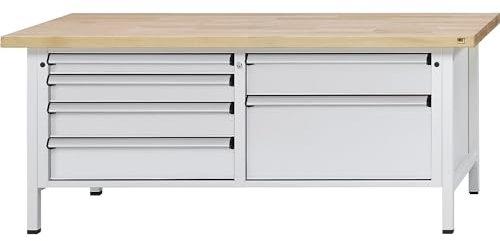 ANKE | Werkbank mit XL/XXL-Schubladen | Gestellbauweise | Breite 2000 mm | 6 Schubladen | Buchemassivplatte | Front lichtgrau