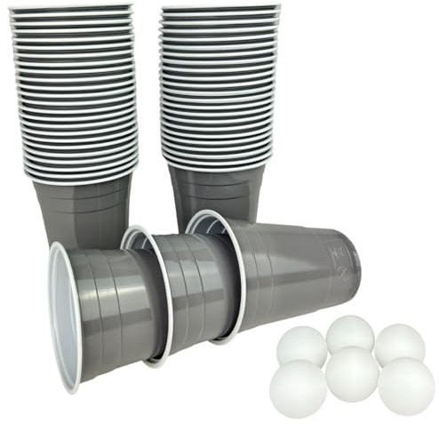 Plastikbecher in grau mit 6 Bällen - graues Partybecher Set - 50 Trinkbecher (473 ml) in grau + 6 Ping Pong Bälle