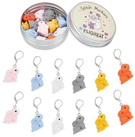 PLIGREAT 12 niedliche Harz Hase Anhänger Maschenmarkierer Set bunte lebensechte Hasen Charm Abnehmbarer Verschluss Verriegelungsstichmarkierer zum Weben Nähen Stricken Handgemachtes Handwerk