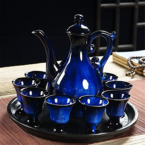 OQHAIR Juego de Vino Celadon, Vino doméstico de cerámica, Olla de Vino Antigua Baijiu, Base Alta, Copa de Vino, Plato de Vino