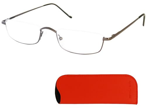 Mini Brille Metall Halbrand oben Lesebrille Halbbrille Rechteckig, Gratis Etui und Brillenputztuch, Edelstahl Rahmen (Graphit) mit Federscharnier, Lesehilfe Damen und Herren +2.0 Dioptrien