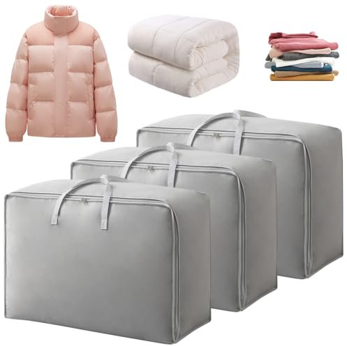 wllqinte Aufbewahrungstasche Schrank Organizer Set, 3 Stück 70L Bettwäsche Tasche Aufbewahrungstasche Kleideraufbewahrung mit Griff, Reißverschluss für Kleidung, Bettwäsche, Bettdecken, Steppdecke