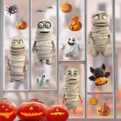 Topeedy Funny Halloween Window Stickers 6 Sheets Large Double-Sided Window Cling Stickers with Cute Mummy Pumpkins Ghosts Spiders for Halloween Party Decoration