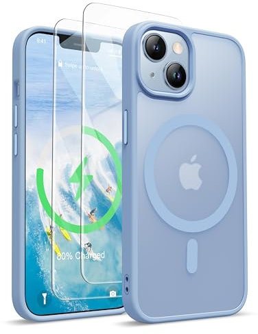 ORETECH for iPhone 13 Case, iPhone 14 Magnetic Case Compatible with Magsafe and 2 Pack Screen Protector Anti Yellowing Ultra Thin Shockproof Matt Frosted Back Phone Case Cover 6.1'' - Sierra Blue