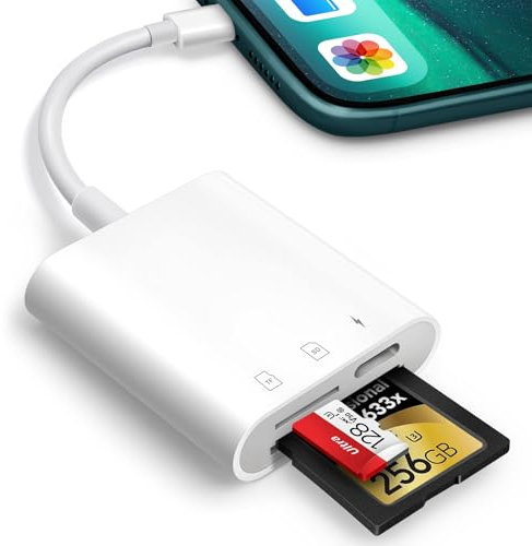 SD Card Reader for iPhone iPad, 3 in 1 Trail Game SD Card Reader with Dual Slot Micro SD/SD for Photography Memory Card Adapter Camera Card Viewer, Charging and Card Reading, Plug and Play