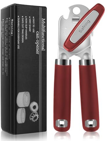 Safring Can Opener Manual, Heavy Duty Handheld Strong Can Opener with Soft Touch Handle, Sharp Blade Smooth Edge, Can Openers with Multifunctional Bottle Opener, Red