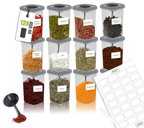 AXOY Home BPA Frei Gewürzbehälter 12er Set Deckel und Löffel,Luftdichte Gewürzdosen für Aufbewahrung von Gewürzen,Kaffee,Tee und Samen,Organizer Boxen für Regal und Vorratsdosen 0,450 L/12x8x8 cm